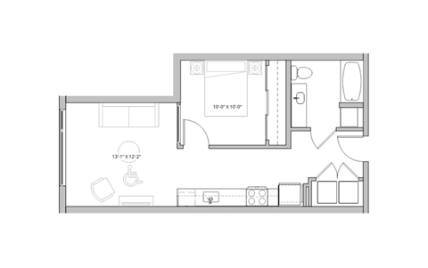 a floor plan of a small apartment with a bedroom and a living room